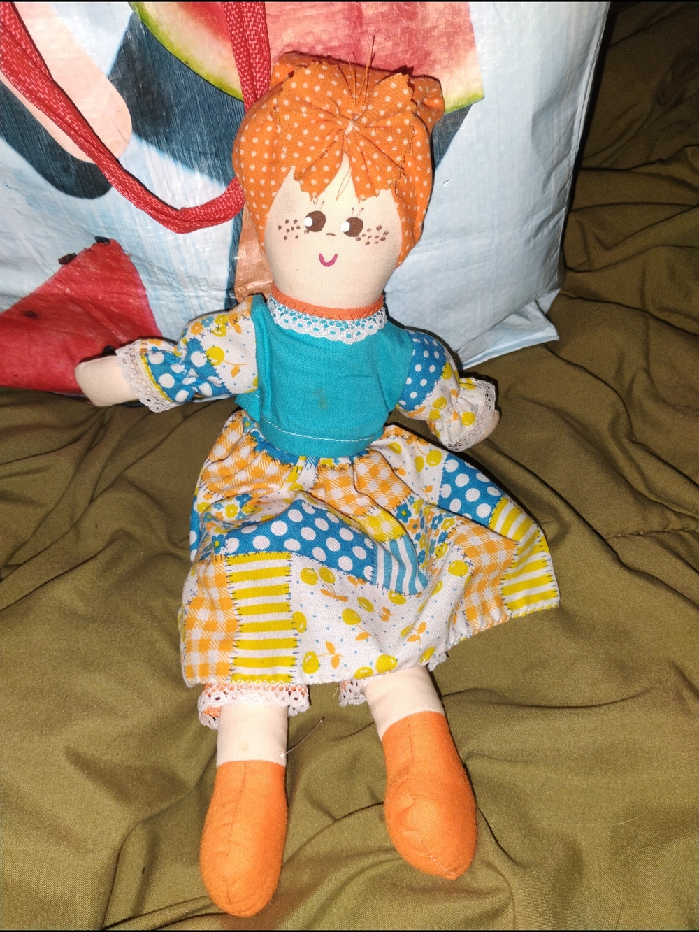 Vintage Handmade Cloth Doll in Orange and Teal Dress - Kids Toy
